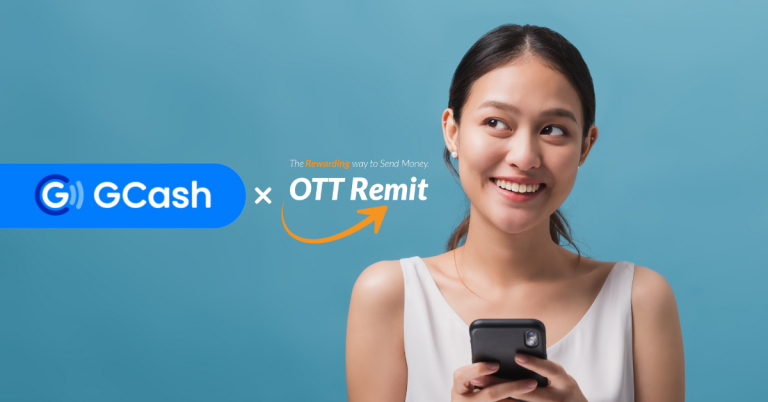 person holding phone and smiling. Image Text: GCash and OTT Remit, the Rewarding way to Send Money