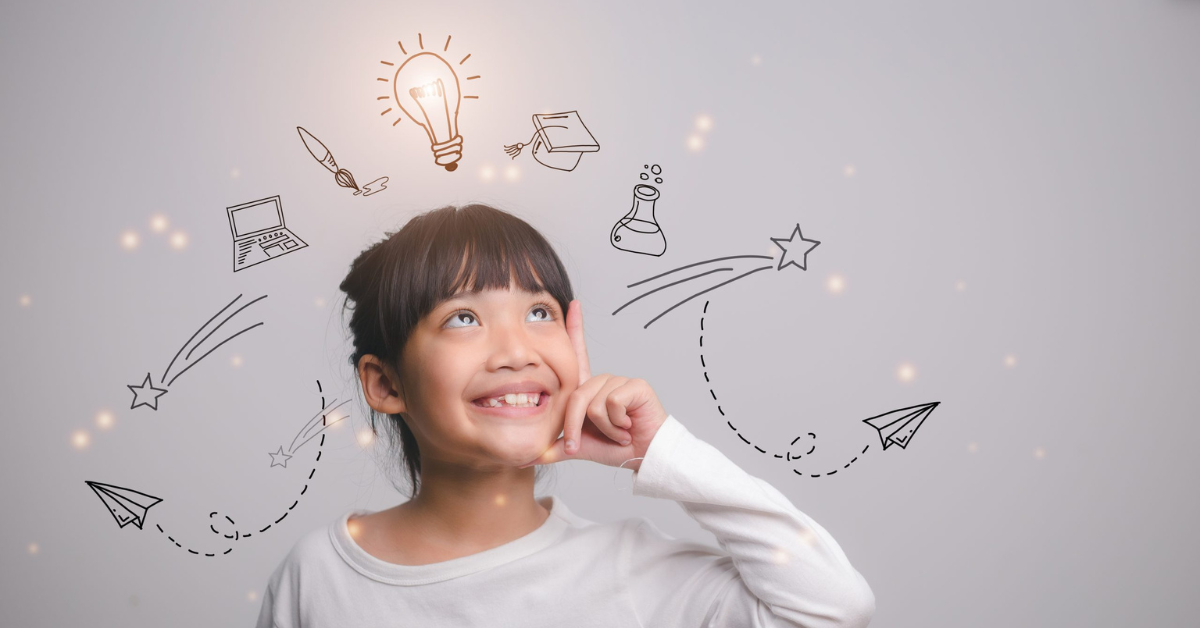 Child with illustrations of a laptop, paintbrush, light bulb, graduation cap, beaker, stars, and paper airplanes floating over head