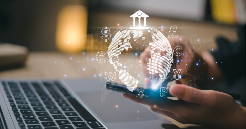 Closeup of someone on their laptop with an animation of a digital remittance being made