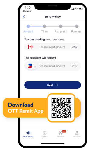 Phone with OTT Remit app on screen and QR code to download app